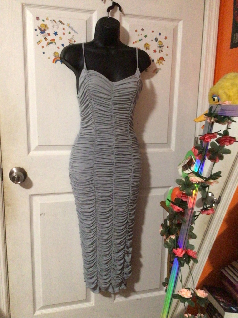 Michael Costello X Revolve Blue Gray Ruched Maxi Dress with Spaghetti Straps